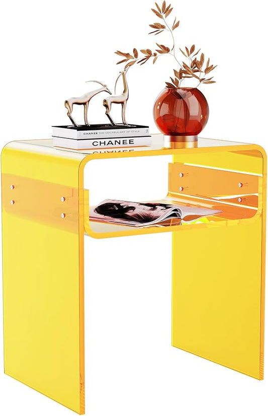 Clear Acrylic End Table 2-Tier Bedside nightstand for Living Room Bedroom Home Decor (Yellow)