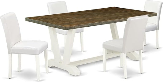East West Furniture V077AB264-5 5 Piece Dinette Set for 4 Includes a Rectangle Dining Table with V-Legs and 4 White Faux Leather Parson Dining Room Chairs, 40x72 Inch, Multi-Color