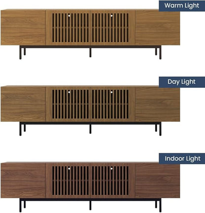 POVISON Full Assembled Mid-Century Modern TV Stand with Slatted Doors, Wood Media Console for 75 Inch TV, TV Console with Tall-cast Metal Legs, Entertainment Center with Storage for Living Room