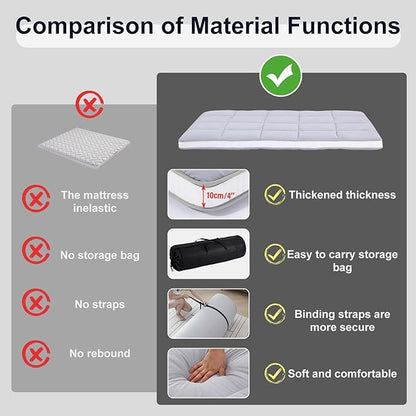 Tiita Floor Mattress Memory Foam Mattress Topper, 4" Thicken Futon Mattress with Storage Bag and 2 Straps, Portable Roll Up Travel Car Camping Mattress Sleeping Pad Full Size, Grey