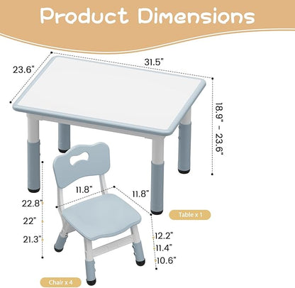 GarveeHome Kids Table and 4 Chairs Set, Height Adjustable Toddler Table and Chair Set, Graffiti Desktop, Children Study Table for Home Daycare Preschool for Ages 2-8