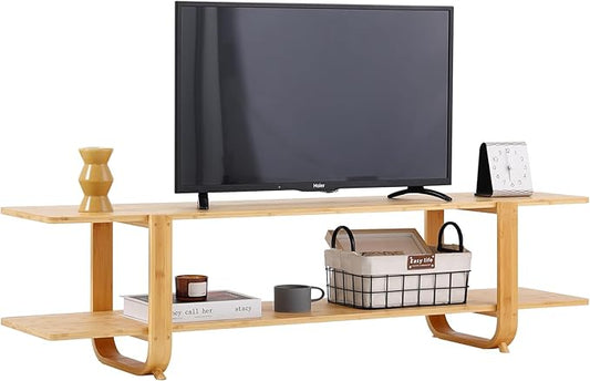 Welnow Bamboo TV Stand for Up to 65 Inch, Mid Century Modern Entertainment Center with 2-Tier Open Shelves, Storage Media Console Table for Living Room, Bedroom, Natural