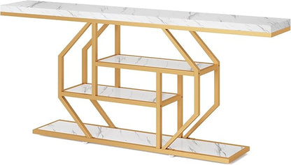 Tribesigns 70.9 inch Extra Long Console Table, Modern Gold Sofa Table Behind Couch with Storage, 4 Tier Entryway Accent Table for Living Room, Hallway, Entrance, Faux Marble White