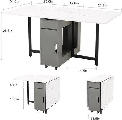 Foldable Space Saving Dining Table Extendable, Folding Dining Table with Storage and Wheels 2-Layers, Versatile Drop Leaf Table Modern for Living Room, Kitchen, RV Campers (Grey)