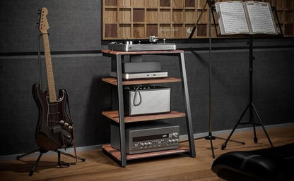 FITUEYES Design 4-Tier AV Media Stand Corner Shelf for Record Player Wooden Stereo Cabinet Audio Rack Tower with Height Adjustable Wooden Shelves for ps4 (Walnut)