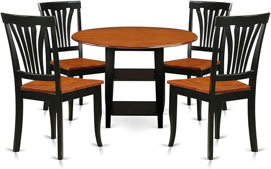 East West Furniture SUAV5-BCH-W 5 Piece Dining Room Furniture Set Includes a Round Dining Table with Dropleaf & Shelves and 4 Wood Seat Chairs, 42x42 Inch, Black & Cherry