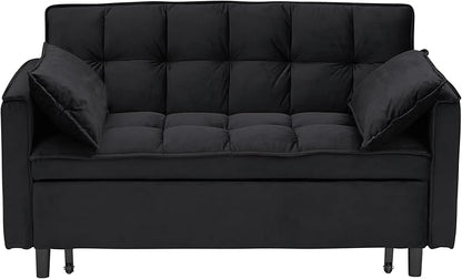 Ball & Cast 55" Convertible Sleeper Sofa Bed,Convertible Pull Out Couch with 2 Pillows,Adjustable Backrest & Side Pocket,Loveseat Futon Sofa Bed for Living Room,Apartment,Velvet Fabric,Black