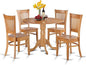 East West Furniture DLVA5-OAK-W 5 Piece Modern Dining Table Set Includes a Round Wooden Table with Dropleaf and 4 Dining Room Chairs, 42x42 Inch, Oak