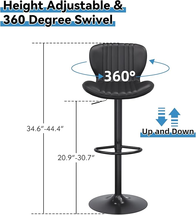 Shintenchi Bar Stools Set of 4 Modern Swivel Bar Chairs, Counter Height Faux Leather Metal Barstools, Upholstered Island Chairs with Back and Footrest, Black