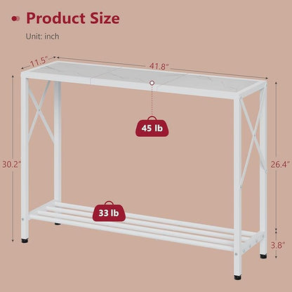 Tajsoon Console Table 41.8”, 2-Tier Entryway Table Narrow Sofa Table with Shelves, Entrance Table with Stable X-Frame, for Entryway, Hallway, Living Room, Foyer, Corridor, Office, White