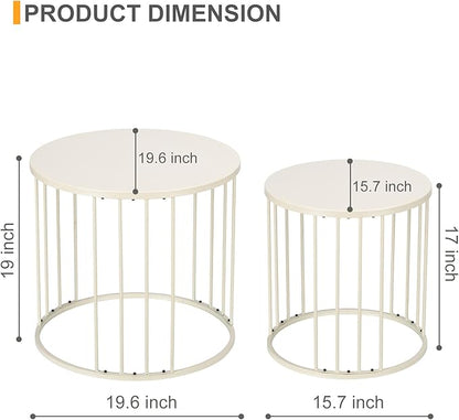 LEWIS&WAYNE Outdoor Side Table Set of 2, Metal Circle Accent End Tables for Balcony Backyard Garden Indoor Living Room, Durable Nesting Coffee Tables, 20”+16” Dia, White