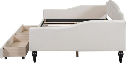 Full Size Upholstered Tufted Daybed with Two Storage Drawers,Linen Sofa Bed,Easy Assemble & No Box Spring Needed,Perfect for Small Space,Bedroom,Livingroom,Guest Room, Beige