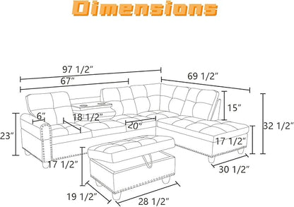 L Shaped Sectional Couch with Otttoman, 97" Sectional Sofa for Living Room Flannel Modular Couches with Cup Holders for Bedroom, Apartments, Black Grey
