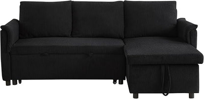 Ball & Cast L-Shape Reversible Sectional Sleeper Sofa Bed 4 in 1 Pull Out Couch with Storage Chaise&Removable Backrest,Convertible Sleeper Corner Couch Pull-Out Sofa Bed for Living Room,Corduroy,Black
