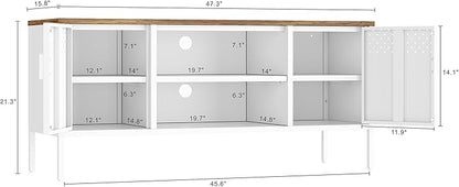 Manhattan Comfort Landen 47" Modern Metal TV Stand with Storage Cabinets & Open Shelves, Holds Up to 40" Screen, TV Console with Natural Wood Top, Cable Management, Adjustable Legs, White