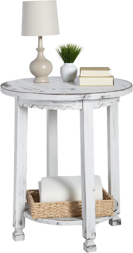 Rustic Cottage Round End Table w/ 1 Shelf, White Antique, 20" x 20" x 24", Farmhouse Style - Unique Accent Piece, Constructed of Select Hardwoods/Composite Wood, End Table w/ Drawer & Shelf