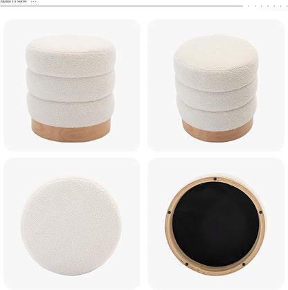 COLAMY Sherpa Ottoman Footstool, Tufted Modern Foot Rest Stool with Wood Base for Living Room, Bedroom, Desk, Round Versatile Side End Table, Pouf, Makeup Seat, Cream