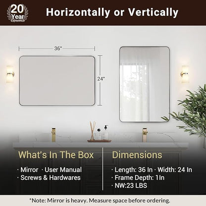 ANDY STAR Chrome Mirror for Bathroom, 24"x36" Metal Frame Wall Mirror with Rounded Corner, Modern Rectangle Bathroom Vanity Mirror with Polish Finish