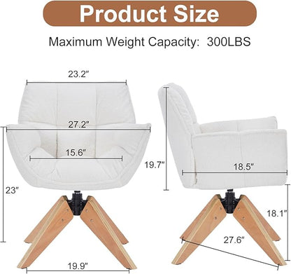 Mid Century Accent Chair, Lambs Wool Vanity Chair Modern Cozy Desk Chair no Wheels with Amrest, Wood Legs for Living Room, Reading Room, Bedroom, White
