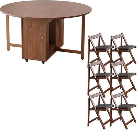 Walnut Round Folding Dining Table with 6 Chairs, Walnut Solid Wood Folding Chair Set of 2, Space Saving Foldable Dining Table with 6 Chairs