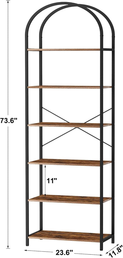 Homhedy 6-Tier Bookshelf Arched Display Racks, Wood and Metal Bookcase, Tall Bookshelf, Industrial Display Standing Shelf Unit, for Home Office, Living Room, Bedroom, Bathroom, Rustic Brown