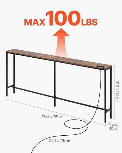 VEVOR Narrow Console Table, 70.9" Behind Couch Shelf with Power Outlets, 1-Tier Long Entryway Shelf, Narrow Sofa Table with Metal Frame and Charge Station, for Entryway, Hallway, Living Room