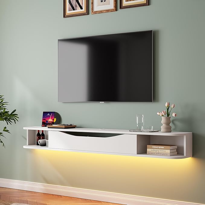 Floating TV Stand,47'' Wall Mounted TV Cabinet,Floating TV Console,Under TV Shelf with 1 Door and 2 Cabinets for TVs up to 55''(White)