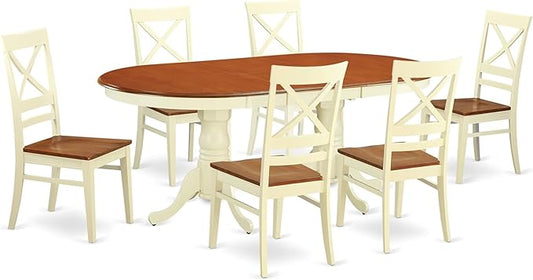 East West Furniture PLQU7-WHI-W 7 Piece Kitchen Table & Chairs Set Consist of an Oval Dining Room Table with Butterfly Leaf and 6 Solid Wood Seat Chairs, 42x78 Inch, Buttermilk & Cherry