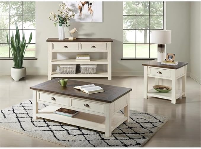 Martin Svensson Home Solid Wood Sofa Console Table, Cream White with Brown Top