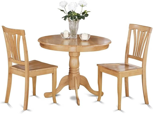 East West Furniture ANAV3-OAK-W 3 Piece Modern Dining Table Set Contains a Round Kitchen Table with Pedestal and 2 Dining Chairs, 36x36 Inch, Oak