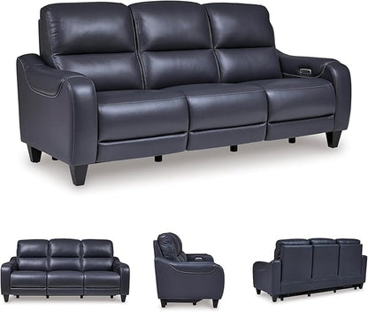 Signature Design by Ashley Mercomatic Contemporary Leather Match Wall Hugger Power Reclining Sofa with Adjustable Headrest and USB Ports, Blue