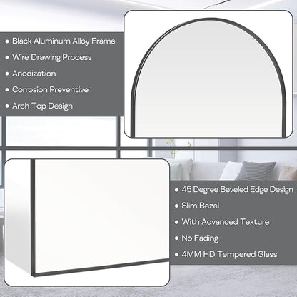 22" x 30" Black Arched Mirror, Arch Wall Mirror, Metal Frame Black Bathroom Mirror, Arched Top Bathroom Vanity Mirror for Living Room, Bedroom, Entryway, Tempered Glass, Shatter Proof