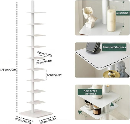 9-Tier Spine Bookshelf Metal Bookcase 5 Colors Vertical Bookshelf Tower Rotating Tall Narrow Bookshelf Ladder Book Rack Indoor (White)