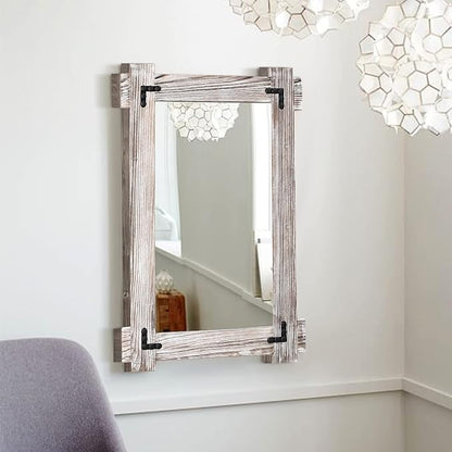 MeMoreCool Farmhouse Rustic Wood Framed Bathroom Mirror, Decorative Wall Mounted Rectangular Mirror for Bedroom, Living Room, or Bathroom, 40x28 Inch, White
