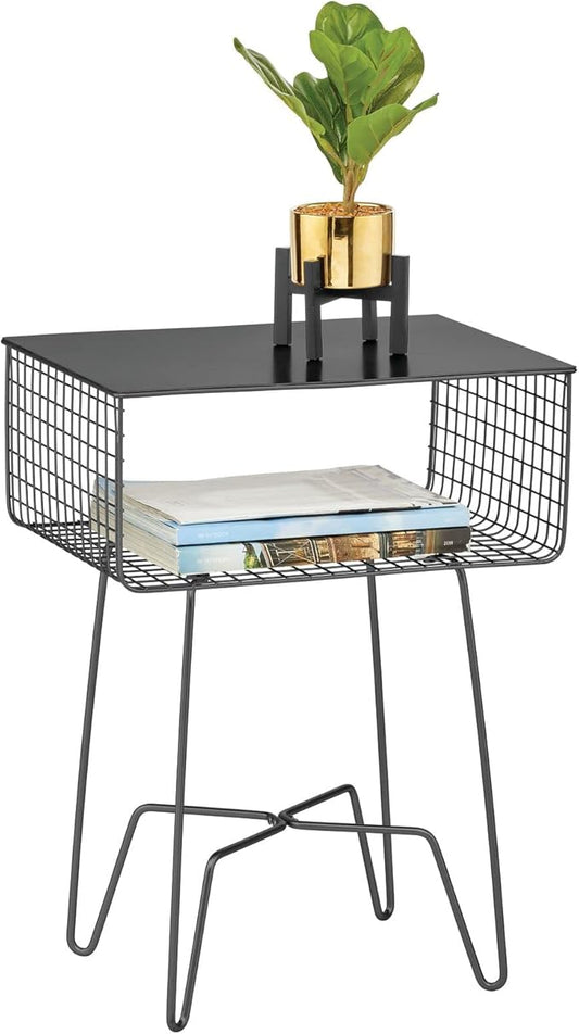 mDesign Steel Side Table Nightstand with Storage Shelf Basket for Bedroom, Living Room, Home Office; Rustic Bedside End Table, Industrial Modern Accent Furniture - Concerto Collection - Black