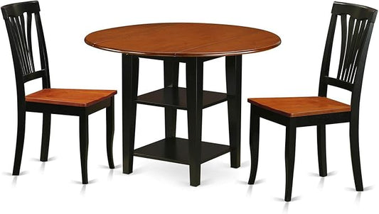 East West Furniture SUAV3-BCH-W 3 Piece Dining Room Table Set Contains a Round Kitchen Table with Dropleaf & Shelves and 2 Dining Chairs, 42x42 Inch, Black & Cherry