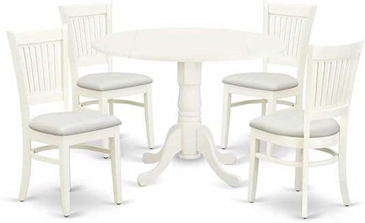 East West Furniture DLVA5-LWH-C 5 Piece Dining Table Set for 4 Includes a Round Kitchen Table with Dropleaf and 4 Linen Fabric Kitchen Dining Chairs, 42x42 Inch, Linen White