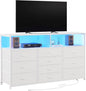 55W 10-Drawers Dresser with 2 Open Storage Shelves, TV Stand Dresser for 55,65 inch TV，with Power Outlets and LED Lights, Fabric Dressers Drawers for Bedroom, Living Room (White)