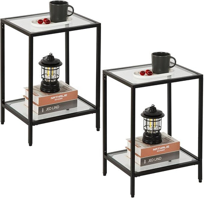 Modern 2-Tier Tempered Glass End Table - Stylish Black Metal Side Table for Small Spaces, Perfect for Living Room & Bedroom (Black, 2PCS)