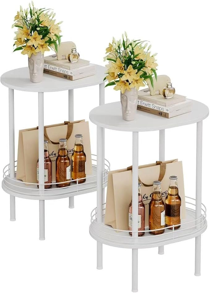 Round Side Table Set of 2,Bedside Table with Storage, Morden Round Nightstand, Samll Side Table for Living Room，Bathroom，Bedroom, Nursery, Laundry, White