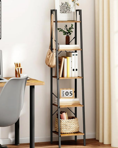 Ladder Shelf, Bookshelf Bookcase, Freestanding Corner Storage Shelve with 2 Hooks for Home Office, Living Room, Kitchen, Bedroom, Industrial, 5-Tier Rustic Brown BC03201B