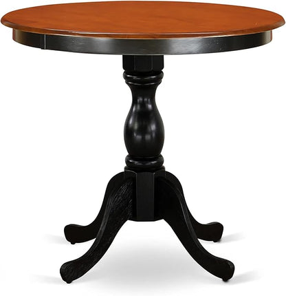 East West Furniture ESCE3-BCH-21 3 Piece Dining Room Table Set Contains a Round Kitchen Table with Pedestal and 2 Mineral Blue Linen Fabric Parson Dining Chairs, 30x30 Inch, Black & Cherry