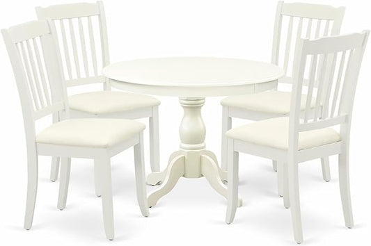 East West Furniture HBDA5-LWH-C 5 Piece Kitchen Table & Chairs Set Includes a Round Dining Room Table with Pedestal and 4 Linen Fabric Upholstered Chairs, 42x42 Inch, Linen White
