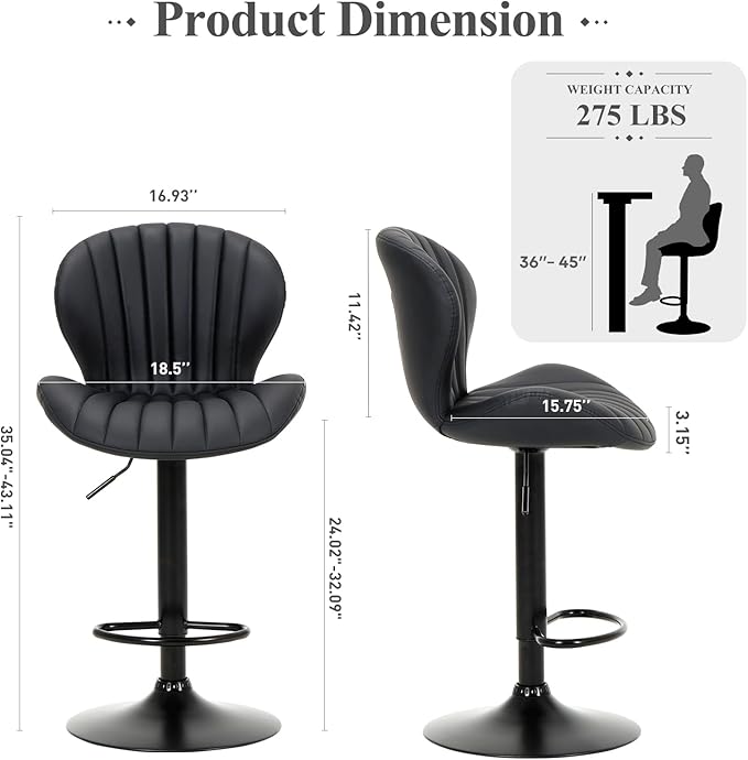 COLAMY Bar Stools Set of 2, Modern Swivel Bar Chairs, Adjustable Faux Leather Upholstered Barstools Counter Height with High Backrest for Bar, Kitchen Island, Dining Room, Black