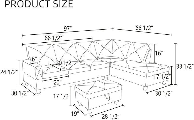 L Shaped Sectional Couches, Modern Modular Sectional Sofa for Living Room Bedroom Furniture, Comfortable 4 Seat Couch with Ottoman Storage & Chaise, Gray