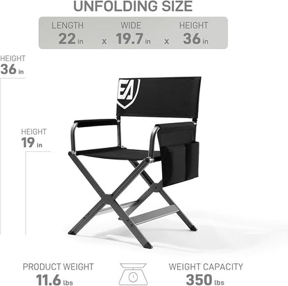EVER ADVANCED Aluminum Lightweight Directors Chair Foldable, Folding Studio Movie Chairs Camping Event Vendor Chair, 19" Seat Height Black Fabric/Grey Frame, Support 350lbs