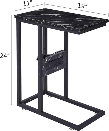 VECELO C Shaped End Side Table with Charging Station & Power Outlets for Couch Sofa/Bed Snack TV Tray with Metal Frame for Living Room Bedroom 1 Set, Black Marble