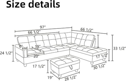 L Shaped Sectional Couches for Living Room, Modern Modular Sectional Sofa with Ottoman Storage, Comfy L Shaped Couch with Chaise for Bedroom Apartment Furniture, Gray