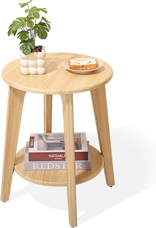 End Table Small Round Side Table with 2 Storage Shelves Walnut End Tables Accent Sofa Bedside Table Modern Night Stand for Living Room Bedroom Small Spaces