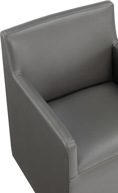 Manhattan Comfort Anna Square Modern Dining Chair with Arms, Head-to-Toe Faux Leather Upholstered Accent Armchair with Plastic Foot Padding, Set of 1, Pewter